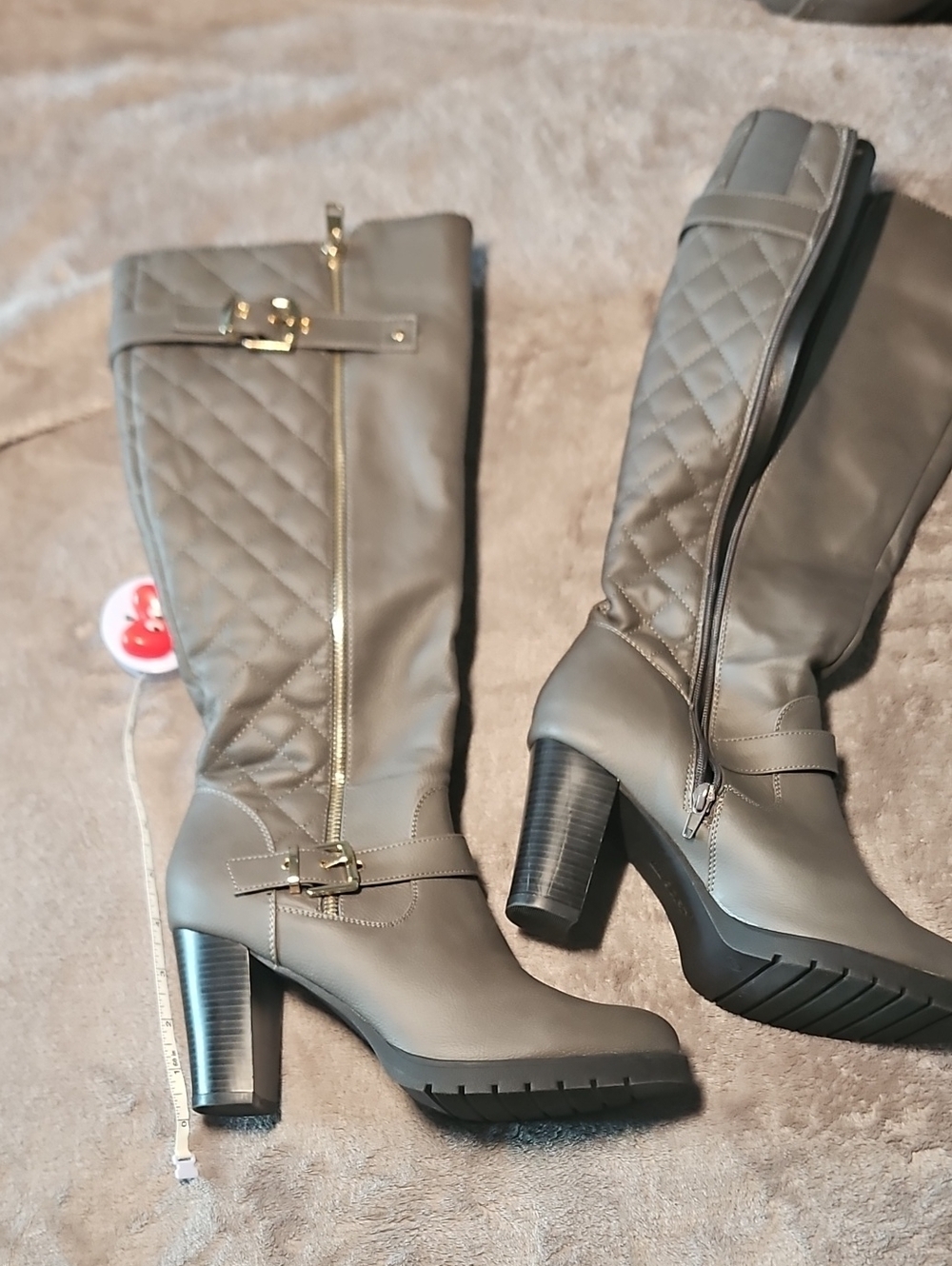 Quilted Knee-High Heeled Boots in Taupe